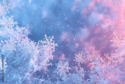 Intricate snowflakes fall against a soft pink and blue winter sky a magical scene of falling snow