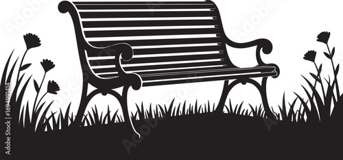 Silhouette of a vintage park bench with surrounding grass and flowers in black and white.
