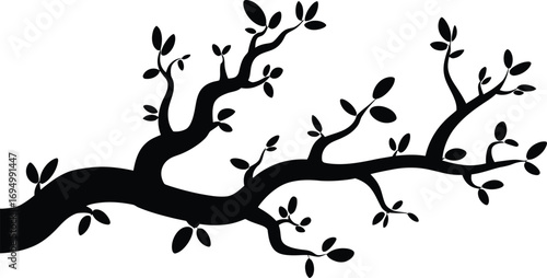 Silhouette of a bare tree branch with small leaves against a white background
