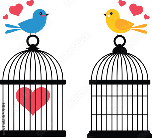 Two birds perched above cages with hearts symbolizing love