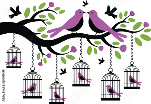 Two purple birds on a branch with hanging birdcages and leaves