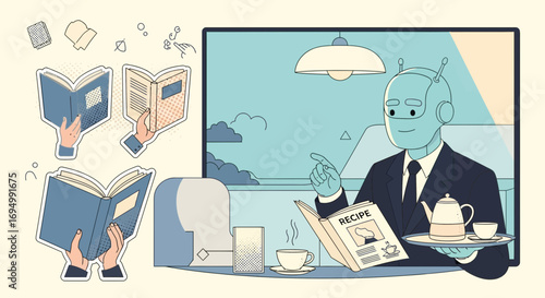 Robot waiter reading a recipe book while serving tea in a retro styled restaurant