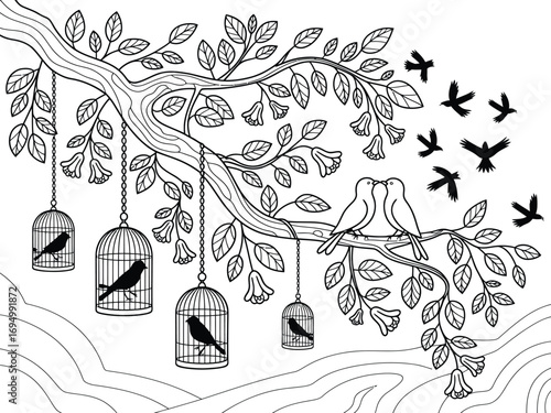 Black and white illustration of birds on a tree with cages and flying birds