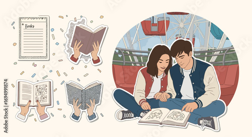 Romantic scene of a couple reading together with decorative book illustrations and amusement park