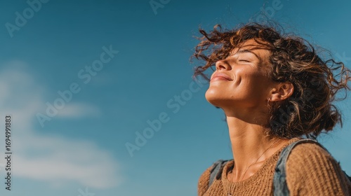 woman smiling looking up to blue sky taking deep breath celebrating freedom positive human emotion face expression feeling life perception success peace mind concept free happy girl enjoying nature n
