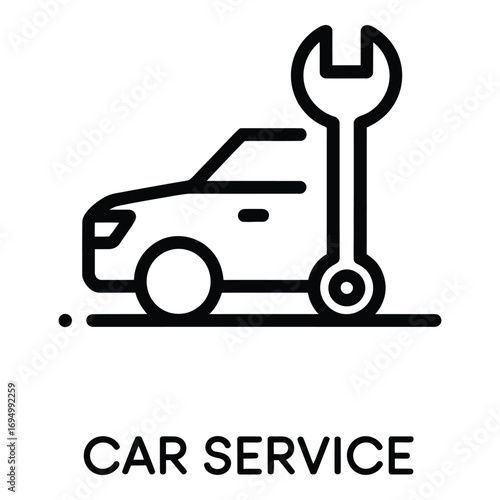Car repair and maintenance service with wrench and vehicle for automotive assistance and garage needs silhouette