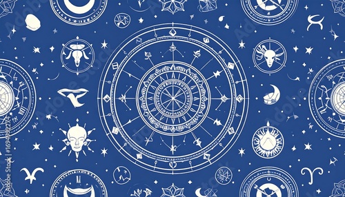 A celestial blueprint featuring stylized astrological charts and celestial bodies against a deep blue background.