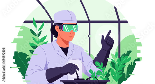 Scientist monitoring plant growth in a controlled environment laboratory using technology for