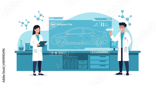 Scientists developing innovative car technology with holographic interface and research laboratory