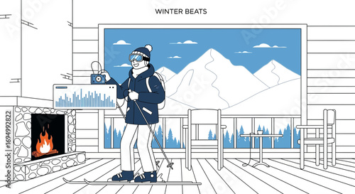 Ski enthusiast enjoying winter beats with cozy fireplace and mountain view cabin
