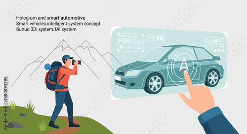 Smart vehicle technology interface with futuristic user experience and mountain scenery