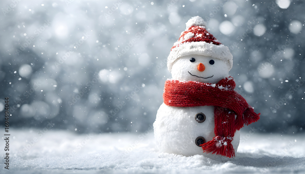 Fototapeta premium A snowy scene with a happy snowman wearing a red scarf