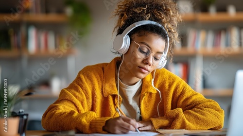 focused african female student wears headphones elearning studying alone at home office desk millennial mixed race teen girl listening audio podcast e learning english language concept making notes n