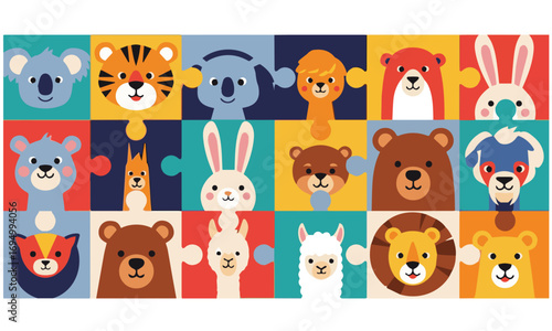 Colorful Cartoon Animal Faces in Puzzle Grid Pattern