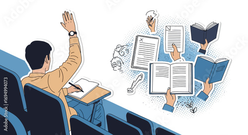 Student raising hand in classroom with educational graphics emphasizing the learning process