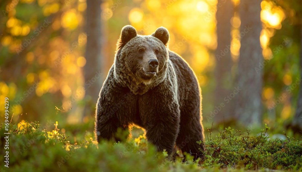 Fototapeta premium Brown bear in golden forest light