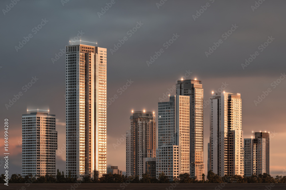 Obraz premium panoramic view of modern city skyline at sunset featuring luxury residential complexes with ar overlays displaying