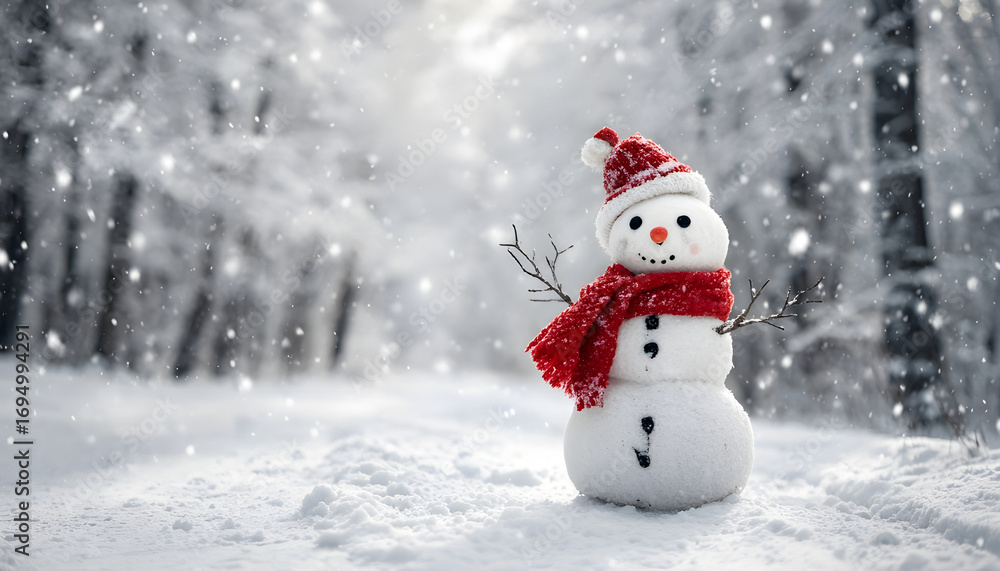 Fototapeta premium A snowy scene with a happy snowman wearing a red scarf
