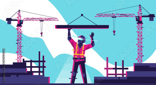 Stylized Construction Worker Supervising Crane Operation on Building Site Vector Art