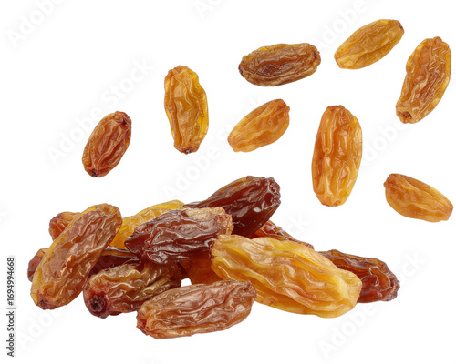 Falling raisin isolated on white background, full depth of field