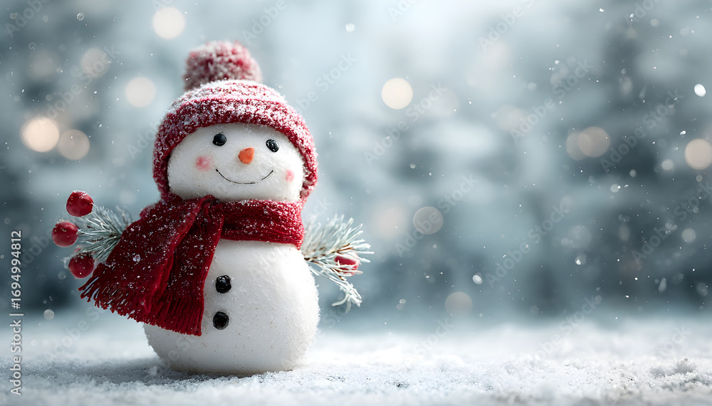 Fototapeta premium A snowy scene with a happy snowman wearing a red scarf