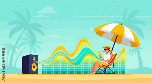 Summer beach party concept with sound wave speaker and relaxing man under umbrella enjoying music