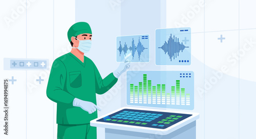 Surgeon analyzing medical data on futuristic holographic screens in operating room