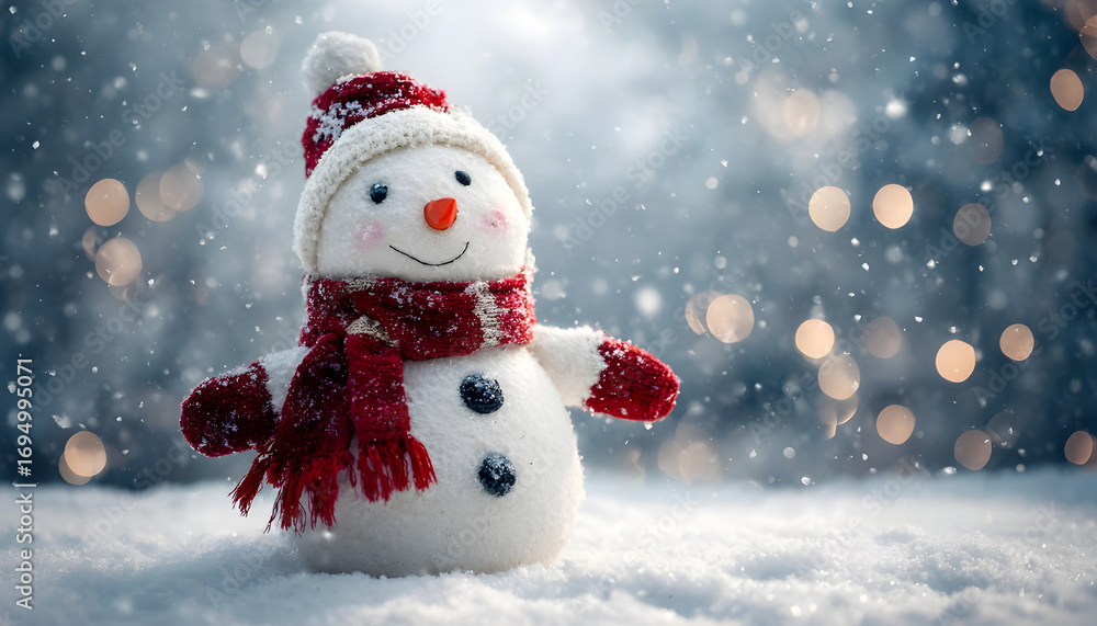 Fototapeta premium A snowy scene with a happy snowman wearing a red scarf