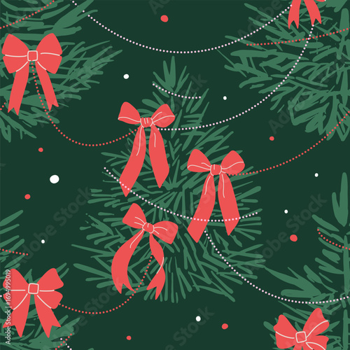 Vintage seamless pattern with hand drawn coquette Christmas trees decorated ribbons, red bows and garlands on green background. Decorative holiday whimsical flat vector design.