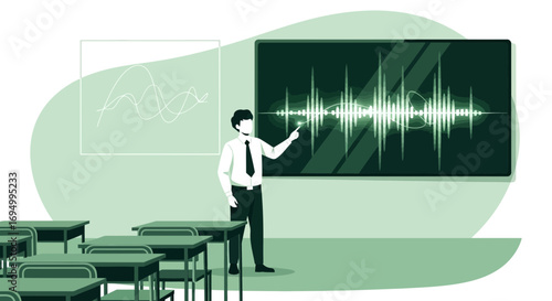 Teacher explaining sound wave analysis in a classroom environment with visual aids