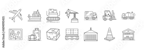 Logistics transportation and warehouse line icons - Outline icons representing logistics and supply chain elements including airplane, cargo ship, crane, truck, forklift, pallet, warehouse