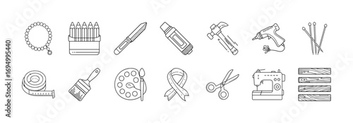 DIY crafting and art supply line icons - Outline icons of creative tools and supplies including crayons, glue, paintbrush, palette, scissors, sewing machine, ribbon, and hammer.