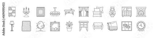 Home furniture and interior decoration line icons - Thin outline icons displaying household furniture and decor items including sofa, lamp, bed, plant, bookshelf, chandelier, table, and clock