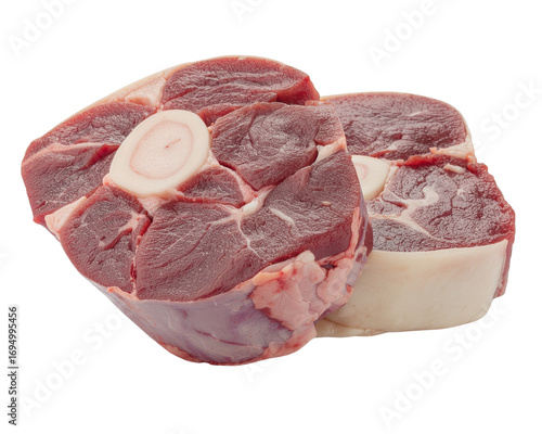 Sliced beef shank, osso bucco steak, isolated on white background, full depth of fiel