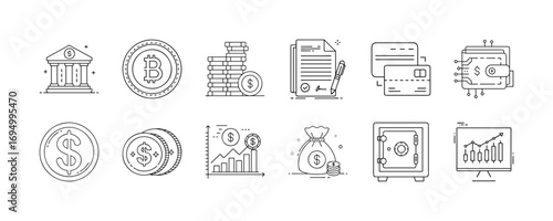 Finance banking cryptocurrency and investment line icons - Thin outline icons showing financial concepts including bank, bitcoin, money, contract, credit card, safe, savings, chart, and digital 