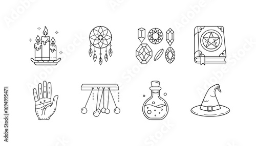 Mystical and witchcraft magic line icon set - Outline icons featuring magical and mystical objects including candles, dreamcatcher, crystals, spell book, potion, witch hat, and palmistry hand.
