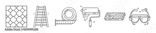 Line icons of construction tools and safety equipment - Collection of outline icons featuring ladder, tape, paint roller, safety glasses, netting, and flooring materials for construction and home