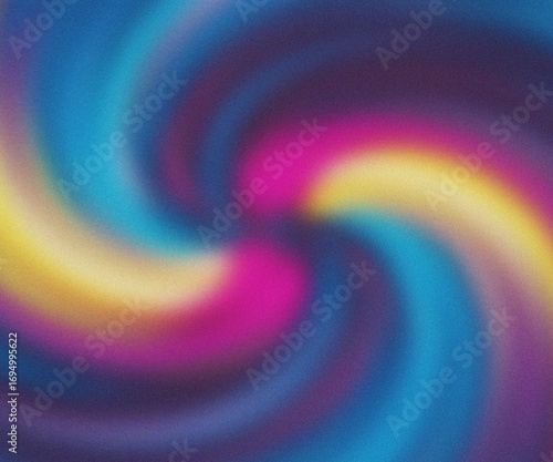 Vibrant swirling vortex of blue, yellow, and pink colors with a grainy texture, abstract background 