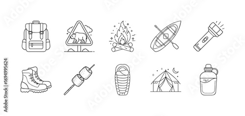 Line icons of camping gear and outdoor adventure - Collection of outline icons featuring backpack, campfire, kayak, flashlight, boots, tent, sleeping bag, bottle, and marshmallow roasting for outdoor 