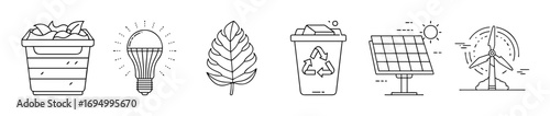 Line icons of eco friendly energy and recycling - Collection of outline icons showing composting, LED bulb, leaf, recycling, solar panels, and wind turbine to represent sustainability and green energy
