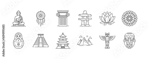 Line icons of culture, traditions and monuments - Collection of outline icons featuring cultural symbols, temples, masks, statues, lotus, pyramids, and architectural heritage from different traditions