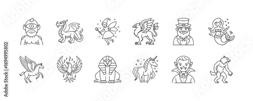 Mythical creatures and fantasy icons - Set of line icons depicting mythical creatures and fantasy characters, including yeti, dragon, fairy, griffin, gentleman, mermaid, pegasus, phoenix, sphinx