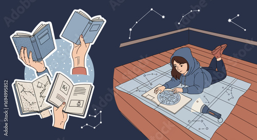 The fascinating hobby of astronomy and astrophysics shown in this hand drawn illustration