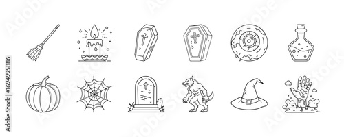 Halloween themed line icons - Collection of line icons representing Halloween elements, including a broomstick, candle, coffin, eyeball, potion bottle, pumpkin, spider web, gravestone, werewolf, witch