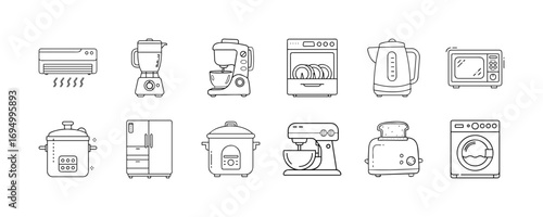 Home appliances line icons - Set of line icons illustrating common home appliances, including an air conditioner, blender, stand mixer, dishwasher, electric kettle, microwave, rice cooker, refrigerato