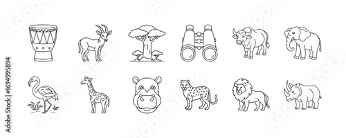Safari animals and equipment line icons - Collection of line icons featuring safari-related elements, including a drum, antelope, acacia tree, binoculars, buffalo, elephant, flamingo, giraffe