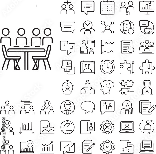 Collection of Business and Teamwork Icons Depicting Communication and Collaboration Processes in a Minimalist Outline Style for Web Design