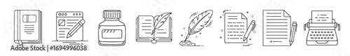 Writing and literature tools line icons pack - Set of line icons representing writing and literature essentials including notebook, checklist, ink bottle, open book, quill, documents, and typewriter.
