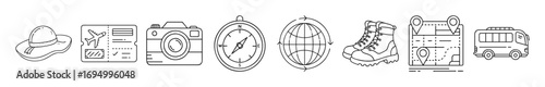 Travel and adventure essentials line icons collection - Set of line icons representing travel and exploration items including hat, ticket, camera, compass, globe, boots, backpack, and bus.
