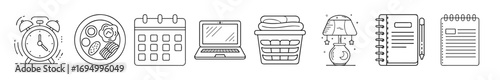 Office work and productivity tools line icons set - Set of line icons representing office supplies and productivity tools including alarm clock, calendar, laptop, books, lamp, and notepads.
